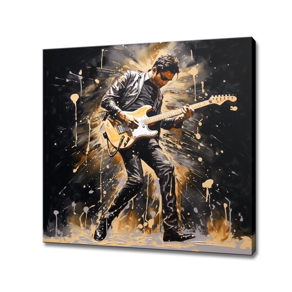 Rock Guitarist Leather Jacket Stage Performance Black Gold Music Poster