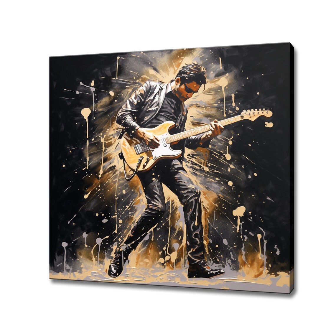 Rock Guitarist Leather Jacket Stage Performance Black Gold Music Poster