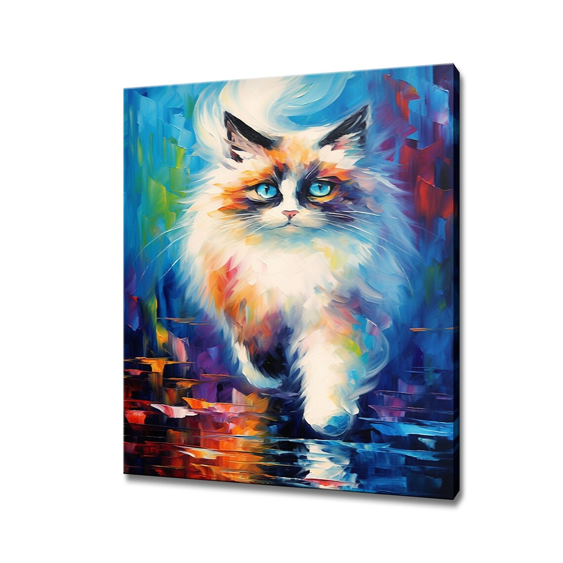Birman Cat Blue Eyes Colorful Impasto Painting Portrait Wall Art Print