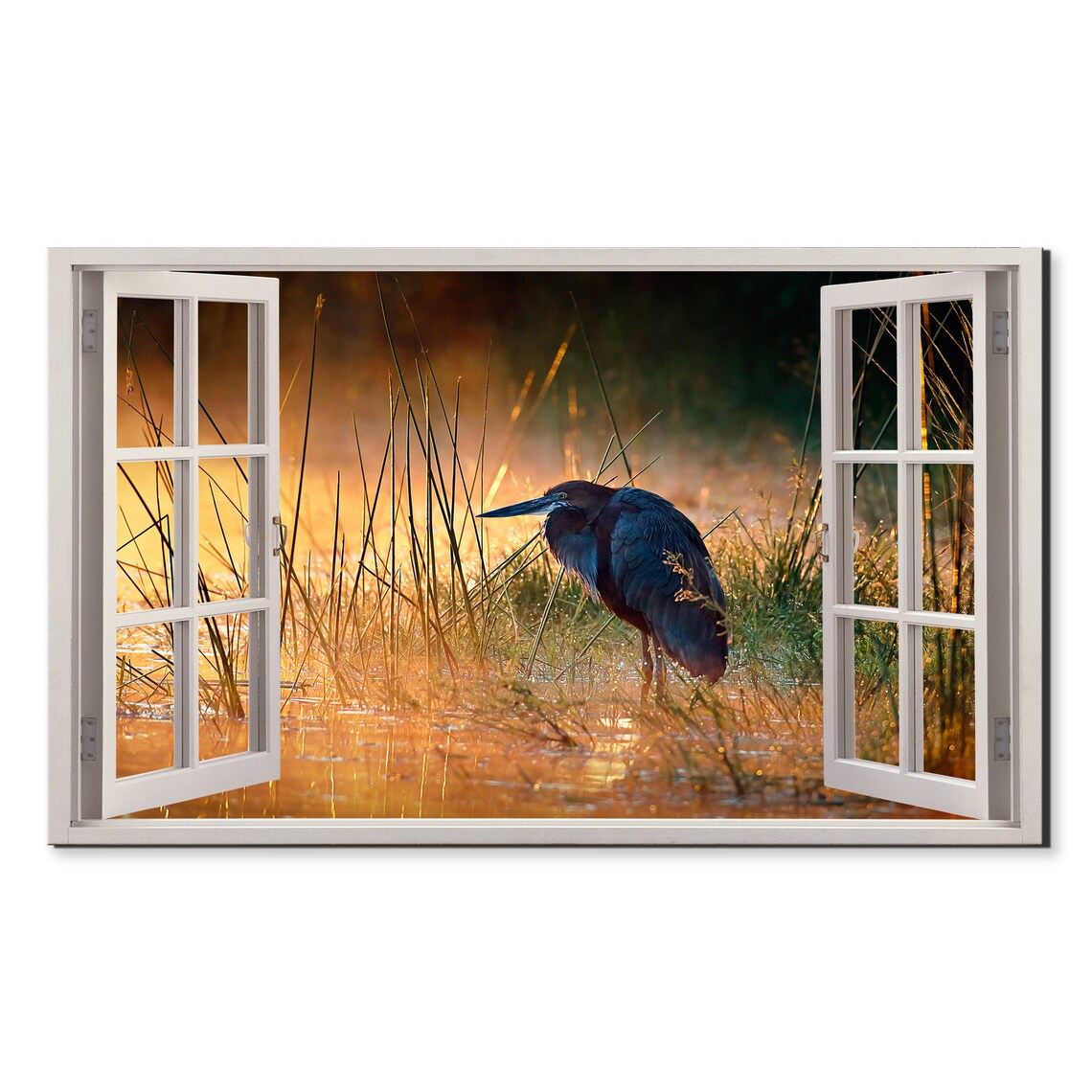 Goliath Heron Sunrise Wetland Golden Reeds Window View Animal Poster