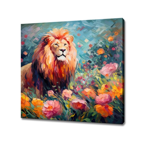 Lion With Fiery Mane Among Pink Orange Flowers Modern Art Poster
