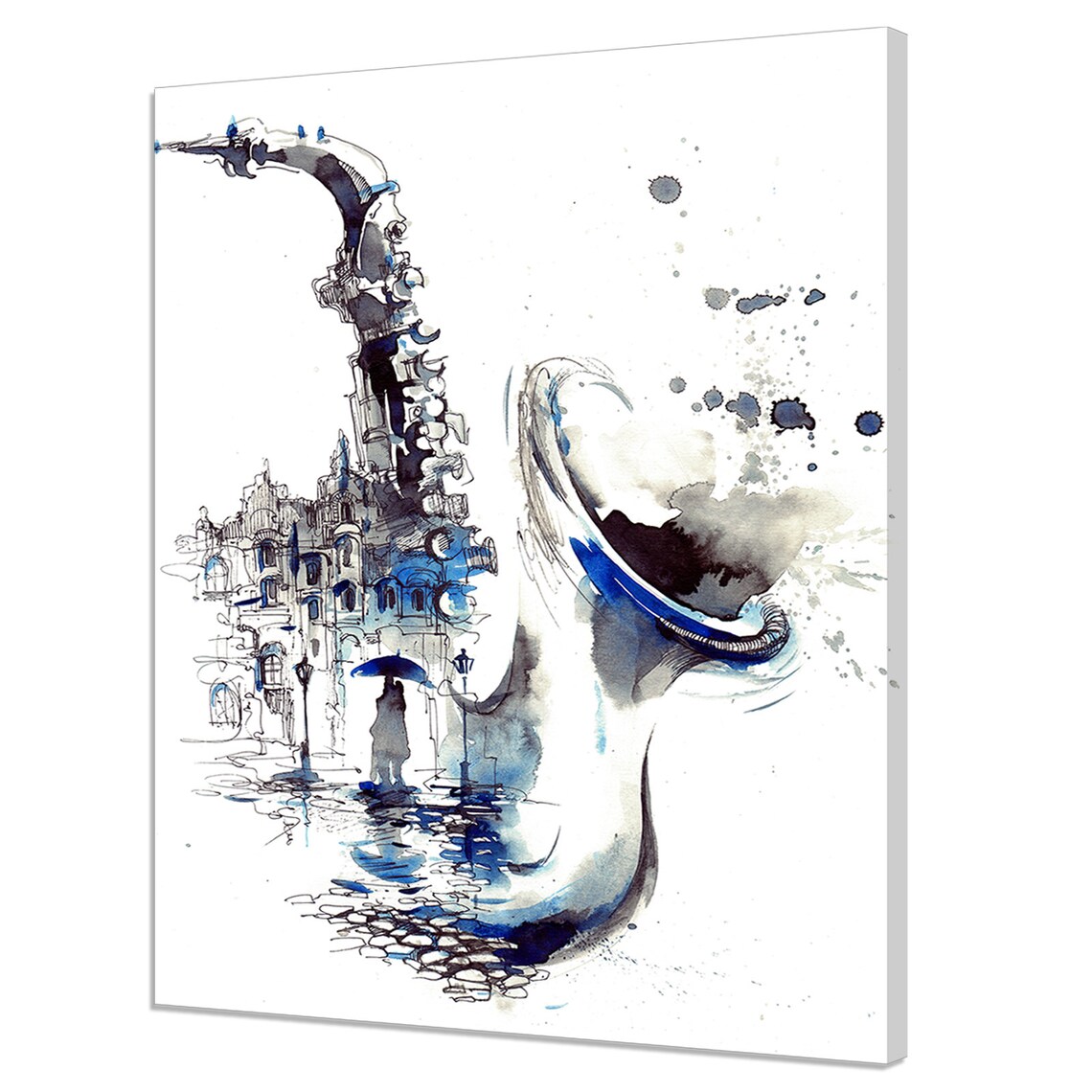 Saxophone Silhouette, City Watercolor Art Print