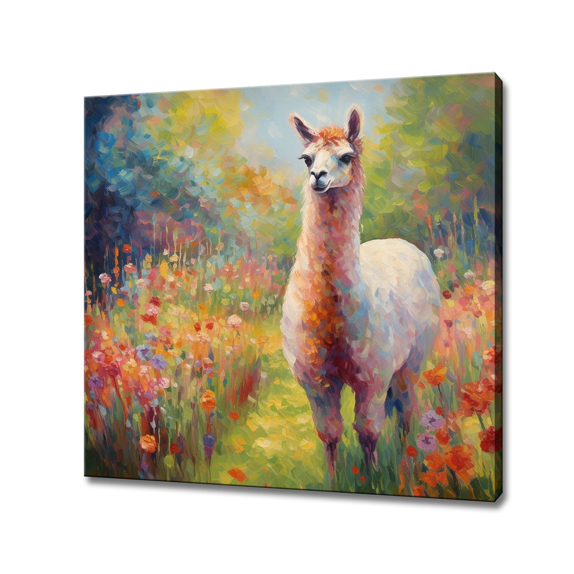 White Llama Standing in Colourful Flower Meadow Painting Poster