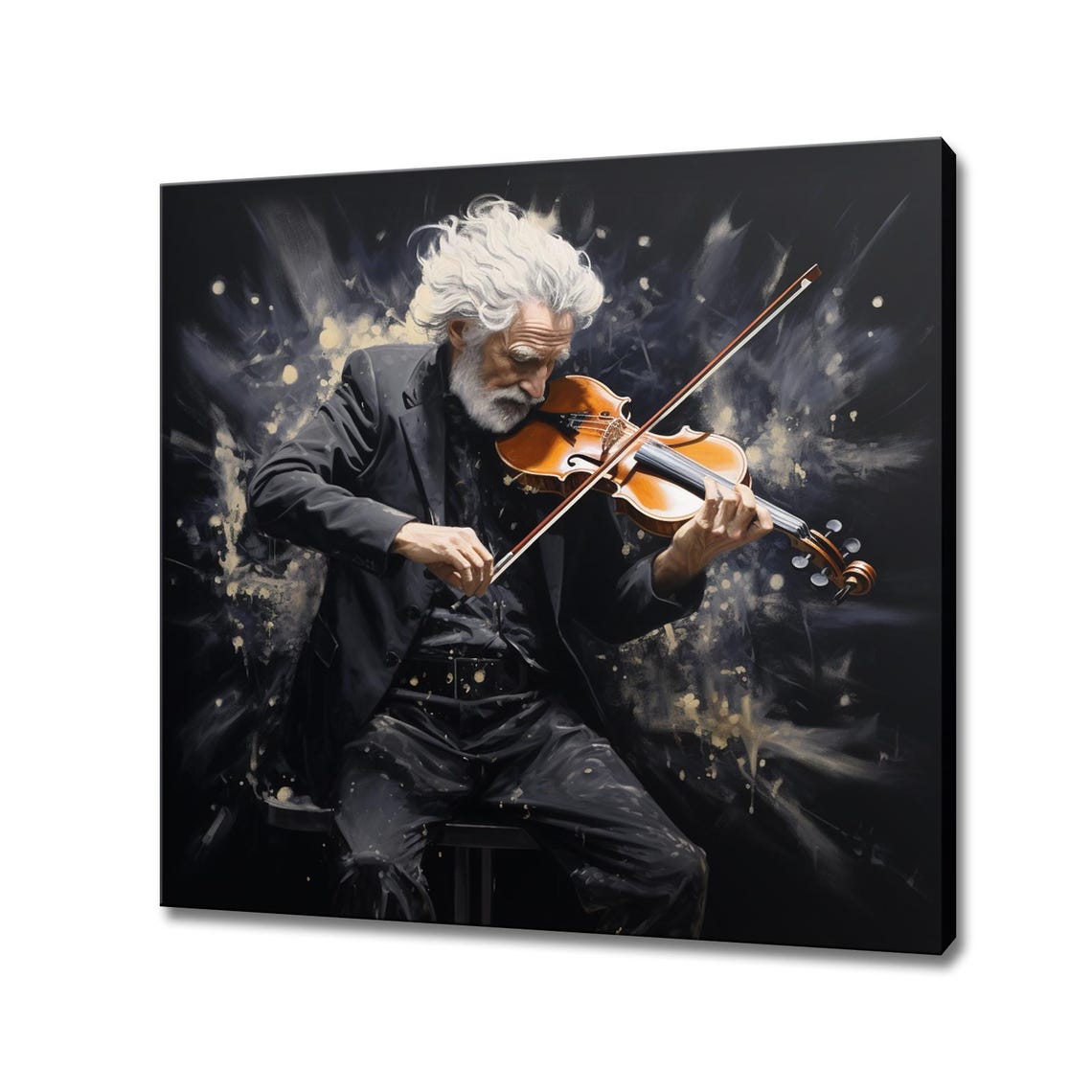 Old Violinist Seated Black Suit Classical Bow Music Art Poster