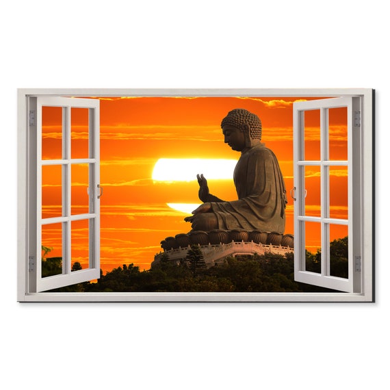 Tian Tan Giant Buddha At Sunset Window View Window Frame Style Modern Design Home Decor Print Wall Art Picture Ready To Hang