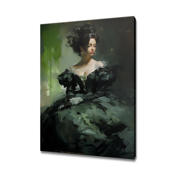 Elegant Lady In Dark Green Victorian Baroque Puffy Dress Painting Style Print Modern Home Decor Fashion Wall Art Gift For Her