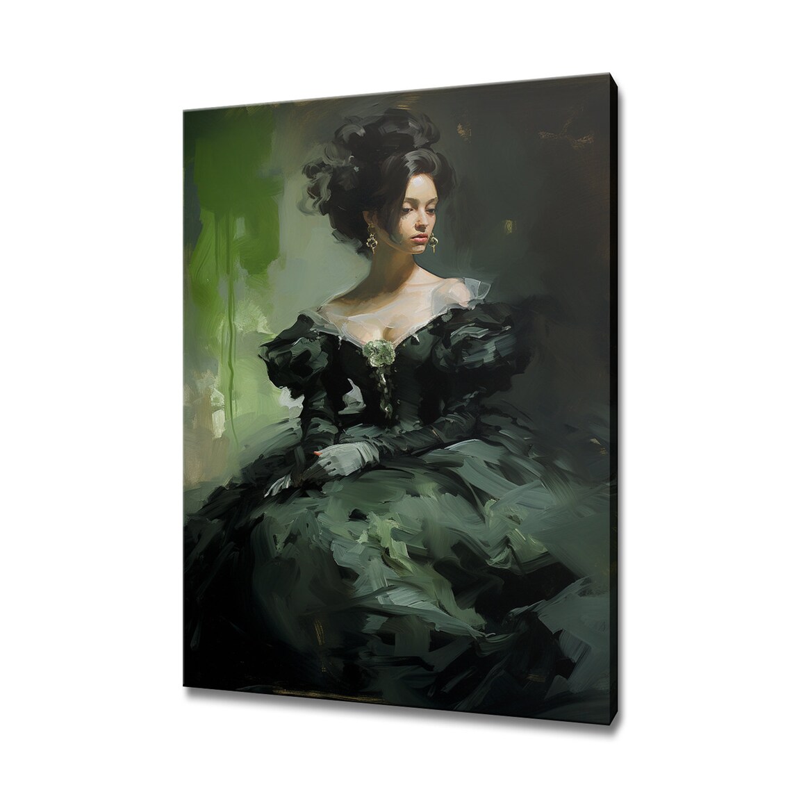 Elegant Lady in Forest Green Victorian Gown Moody Portrait Art Poster