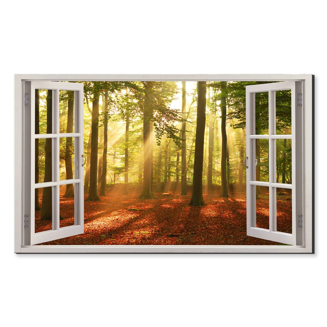 Sunbeams Shining Thrugh Forest Trees Window View Window Frame Style Modern Design Home Decor Print Wall Art Picture Ready To Hang