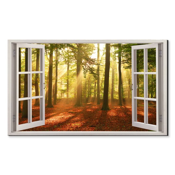 Sunbeams Shining Thrugh Forest Trees Window View Window Frame Style Modern Design Home Decor Print Wall Art Picture Ready To Hang