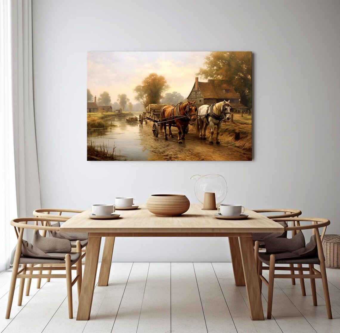 Horses Pulling a Wooden Wagon, Vintage Farmhouse Art Print - Image 3