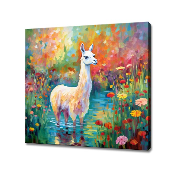 White Llama Standing in Turquoise Stream Wildflower Painting Poster