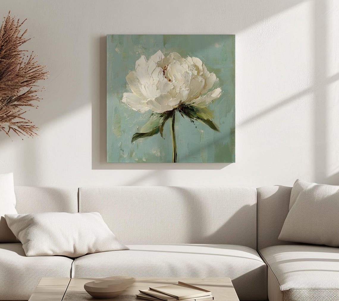 Single White Peony Bloom Sage Background Painterly Floral Art Poster - Image 3