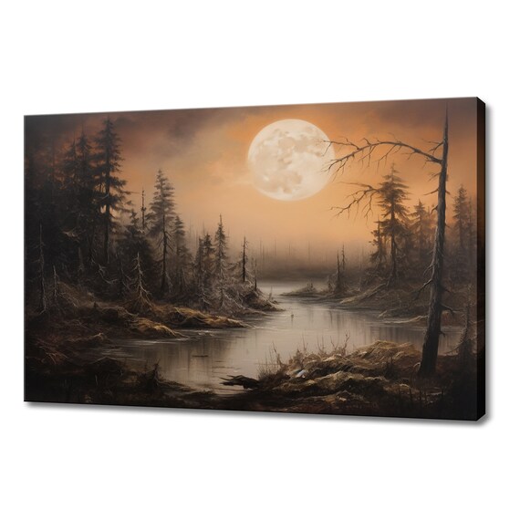 Sunset Over The Lake Trees Landscape Vintage Painting Style Print Farmhouse Decor Art Nature Picture Wall Hanging Fine Art Print