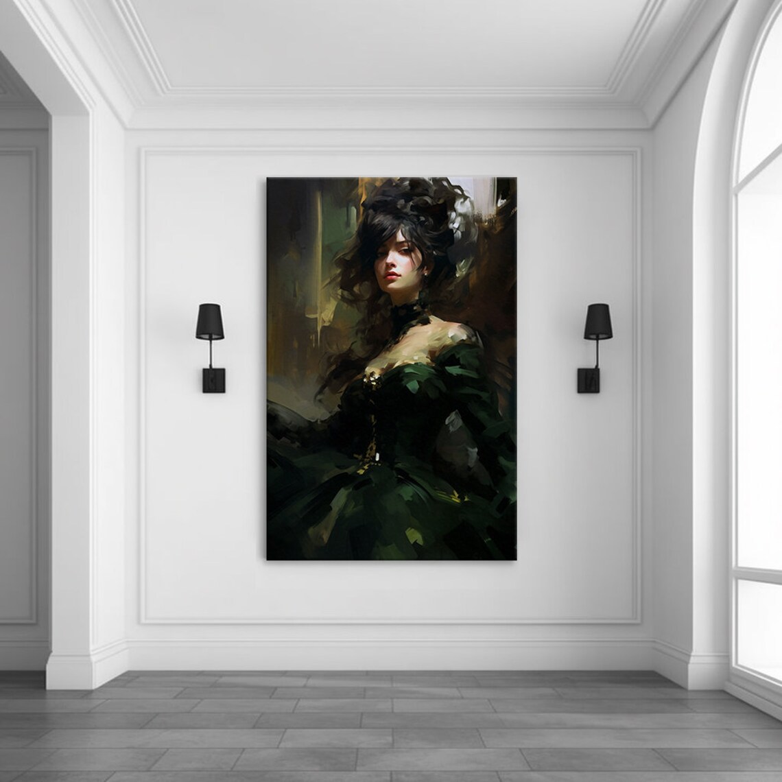 Elegant Lady In Dark Green Baroque Ball Gown Moody Oil Painting Poster - Image 3