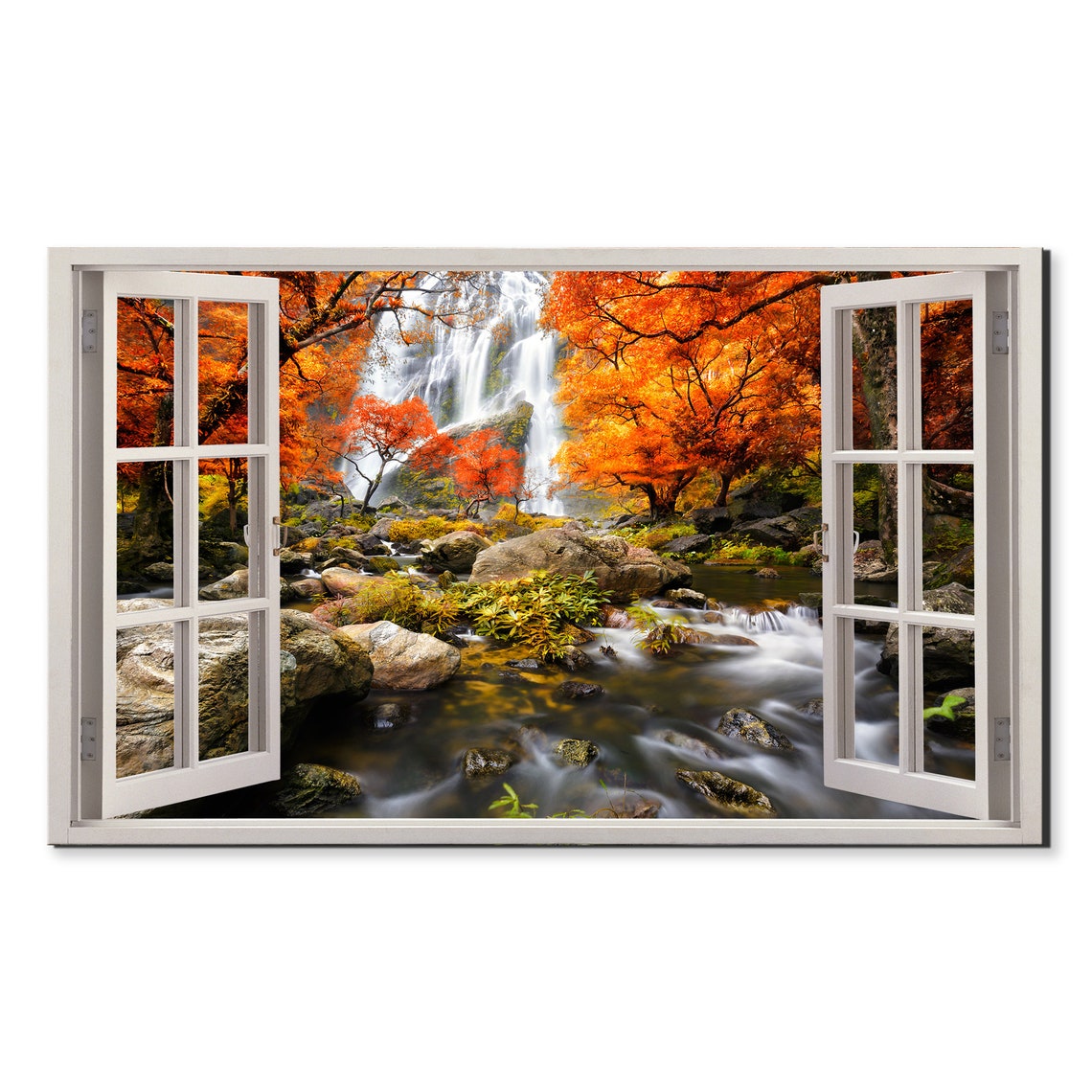 Autumn Waterfall Cascading Stream Window Frame View Nature Wall Art
