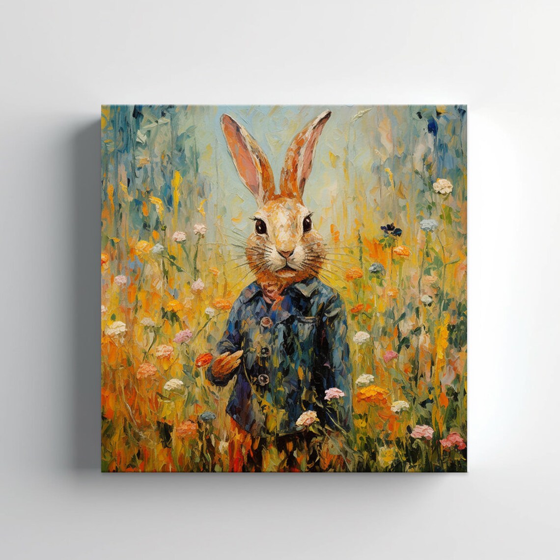 Rabbit In Denim Jacket Wildflower Meadow Cute Portrait Painting Poster - Image 3