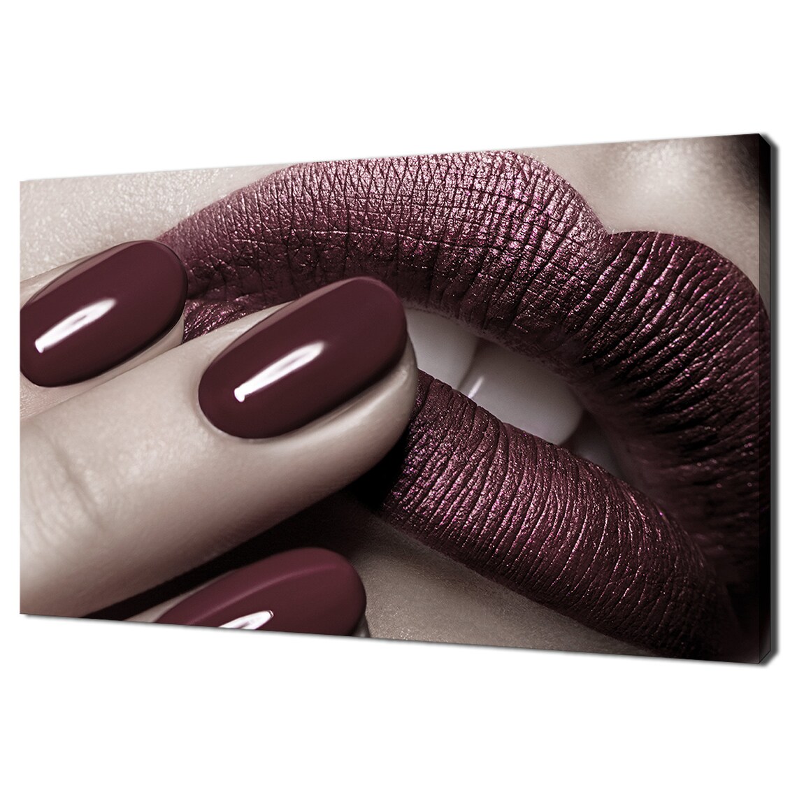 Burgundy Lips Glossy Manicure Nails Beauty Close Up Fashion Print