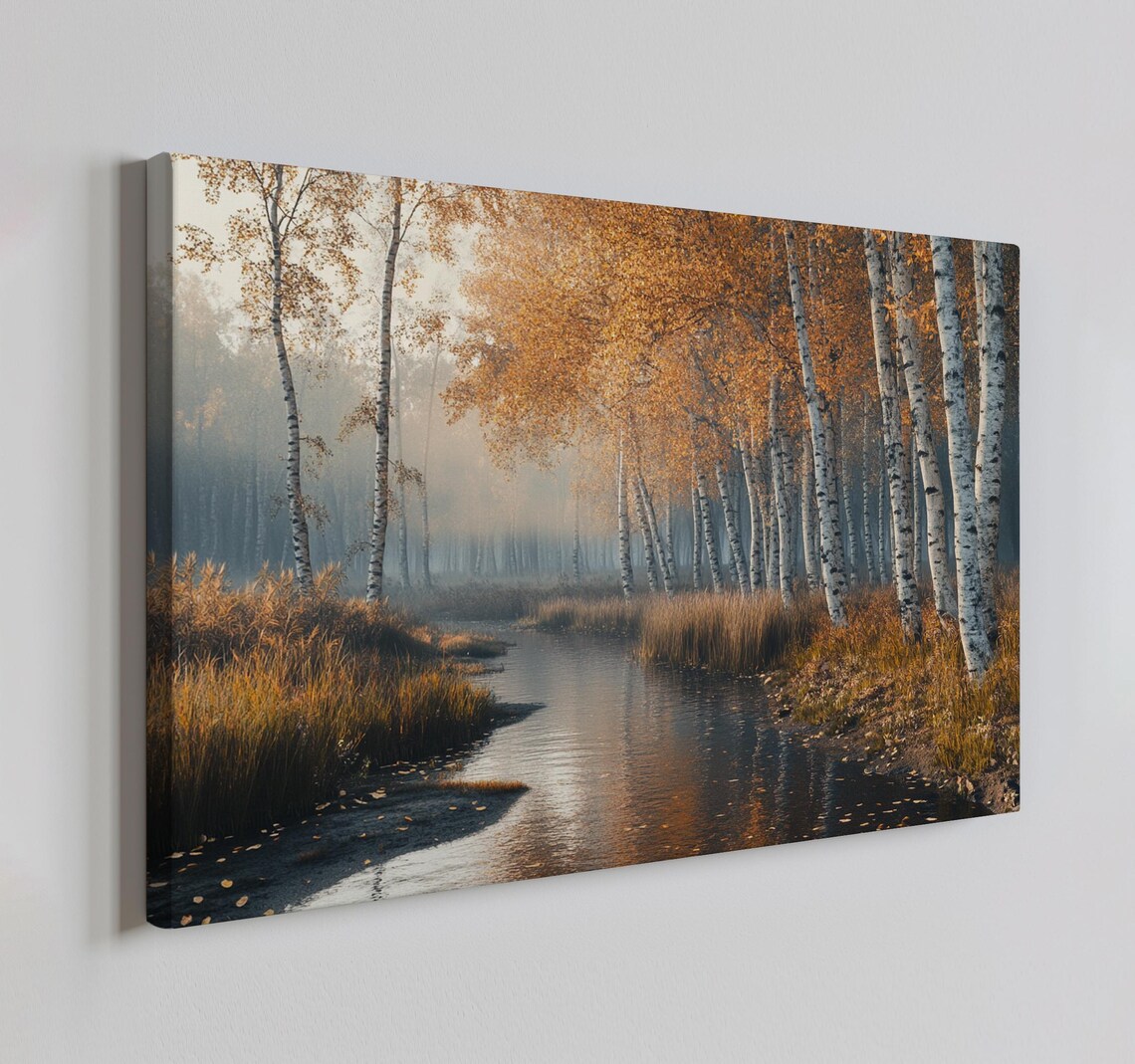 Golden Birch Forest Autumn River Sunlit Misty Woodland Scene Poster