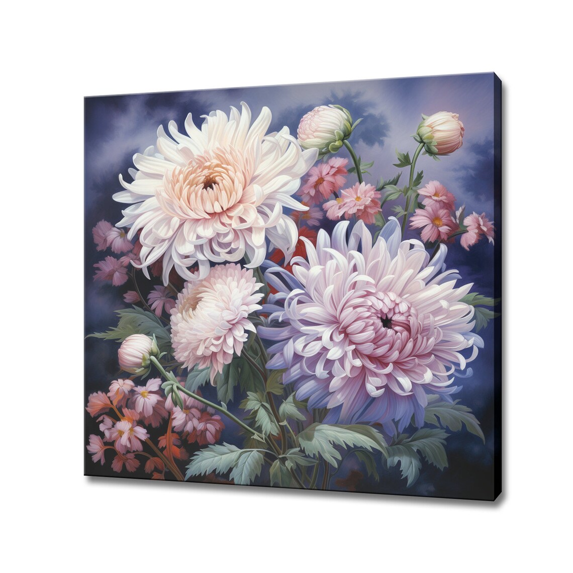 Vintage White Chrysanthemum Bouquet on Navy Botanical Wall Art Print