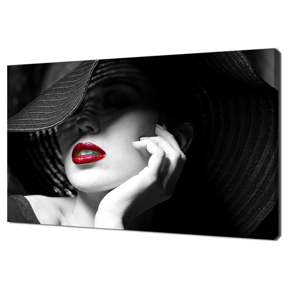 Mysterious Woman Black Hat Red Lips Monochrome Portrait Elegant Wall Art