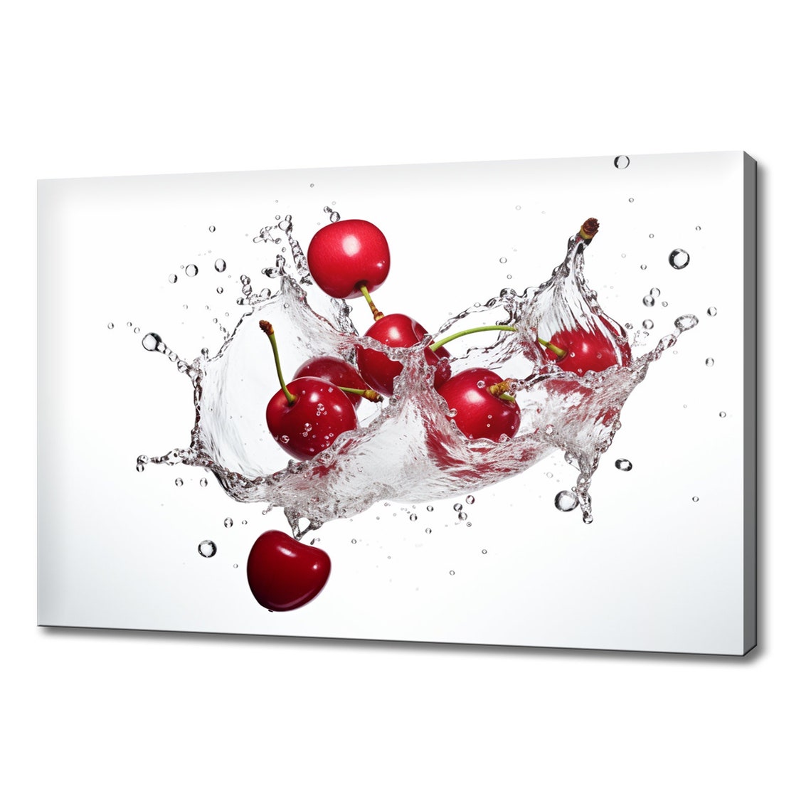 Bright Red Cherries Water Splash Colorful Kitchen Wall Art Print