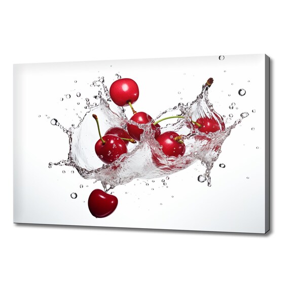 Red Cherries Fruits Water Splash Print Colourful Kitchen Wall Art Cherry Fruit Print Modern Kitchen Restaurant Wall Decor