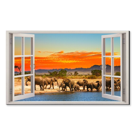 African Elephant Herd Waterhole Sunset Window View Wall Art Poster