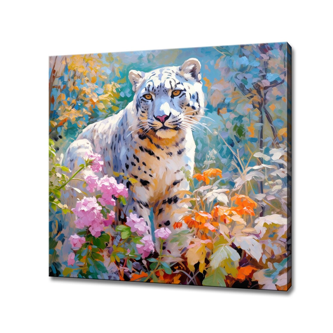 Snow Leopard Among Pink Blossoms Autumn Foliage Wild Art Print