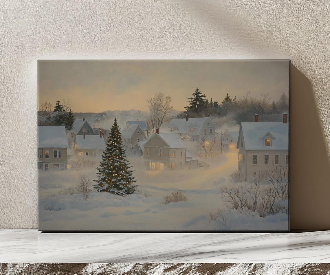 Little Snowy Christmas Village Vintage Painting Style Print Farmhouse Decor Art Nature Picture Wall Hanging Fine Art Print - Image 3