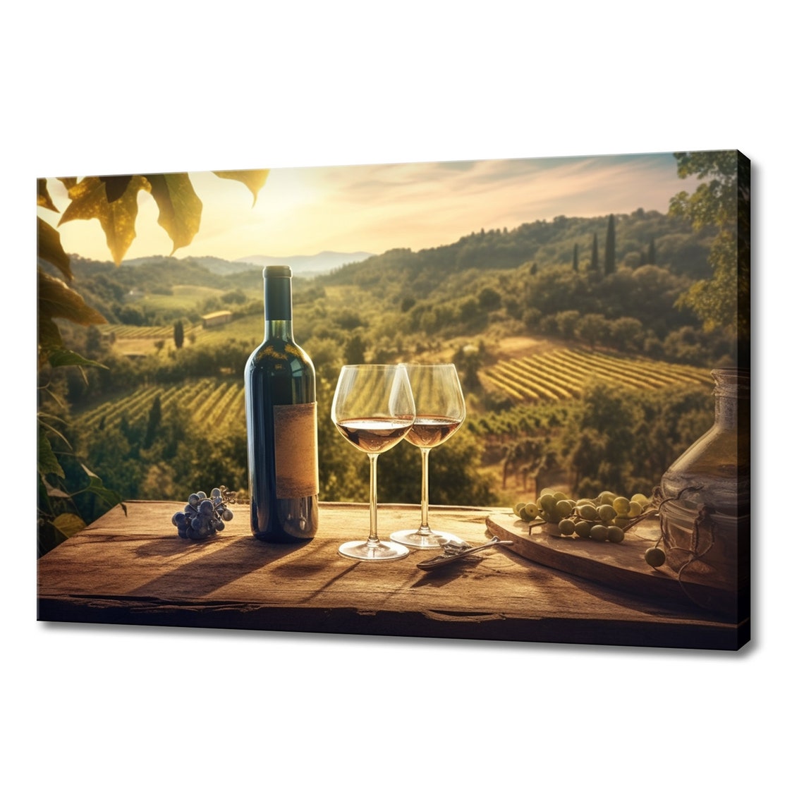Wine Bottle Glasses Grapes Overlooking Tuscany Vineyard Hills Poster