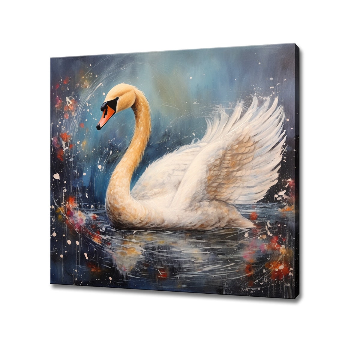 White Swan With Raised Wings On Dark Blue Water Canvas Art Poster