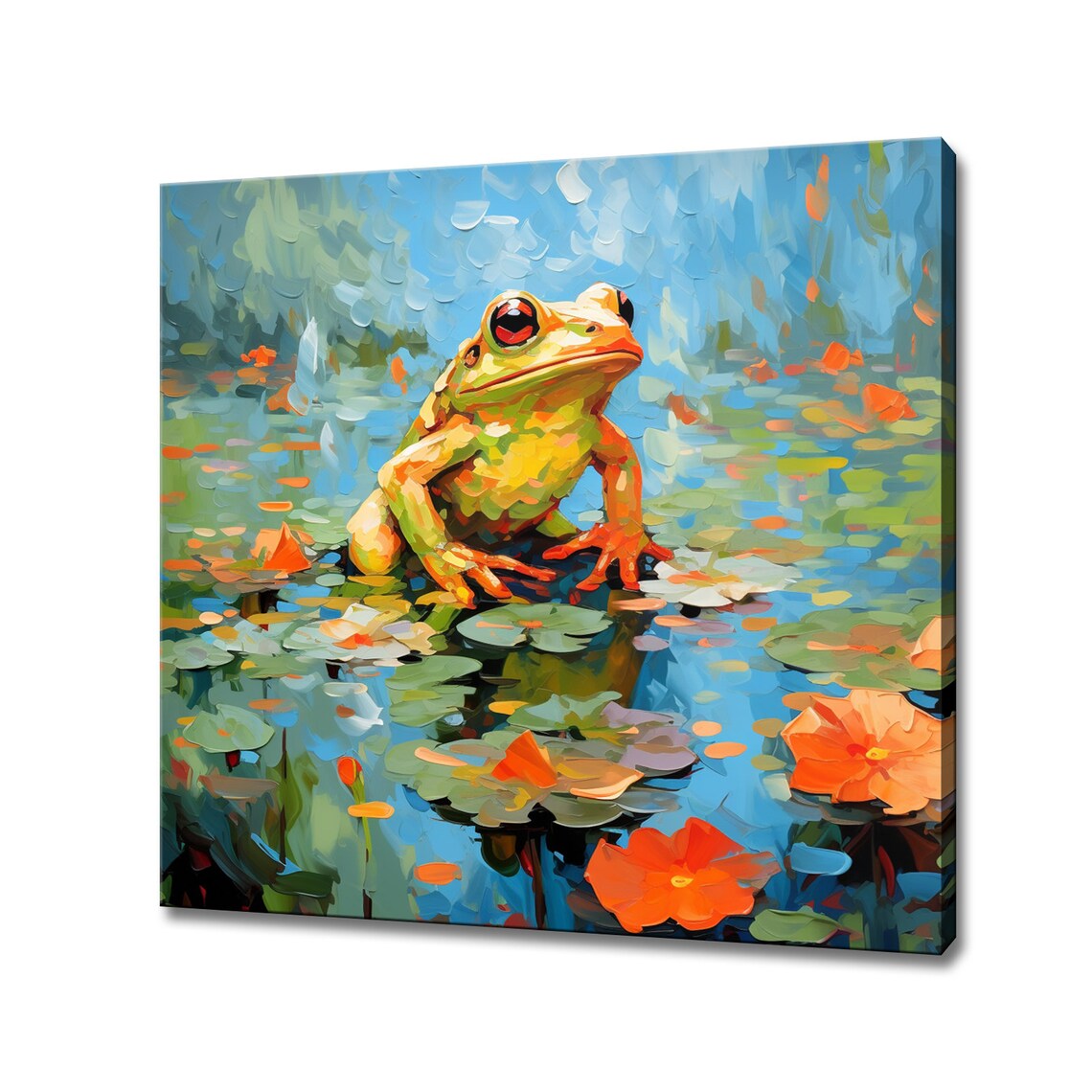 Orange Frog Lily Pad Pond Bright Blooms Colourful Amphibian Wall Art