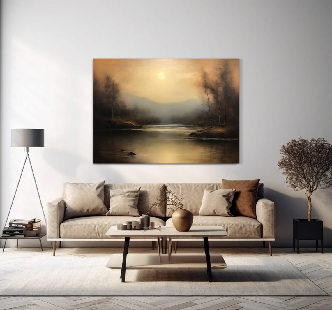 Golden Sunset Over Misty River With Birch Trees Moody Art Poster - Image 4