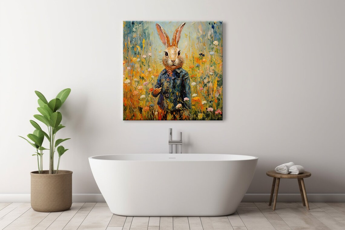 Rabbit In Denim Jacket Wildflower Meadow Cute Portrait Painting Poster - Image 4