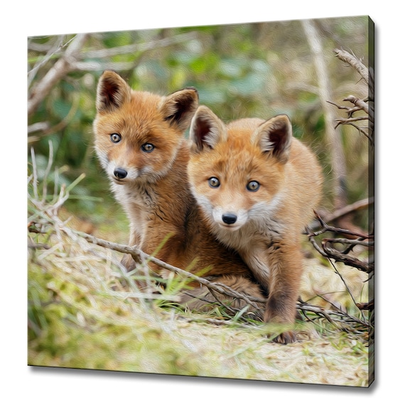 Two Red Fox Cubs Oil Painting Forest Animals Realistic Art Poster