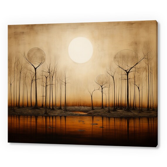Vintage Country Landscape Moonlight Trees Muted Moody Painting Style Print Farmhouse Decor Art Neutral Nature Picture Wall Hanging