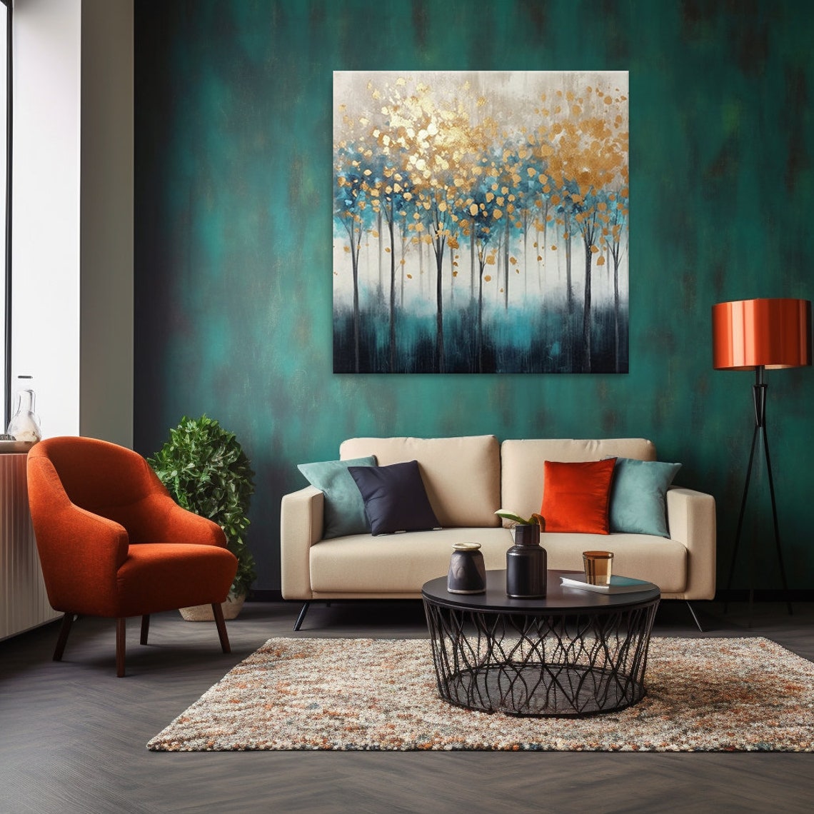 Abstract Gold Leaf Treetops Teal Forest Square Modern Wall Poster - Image 4