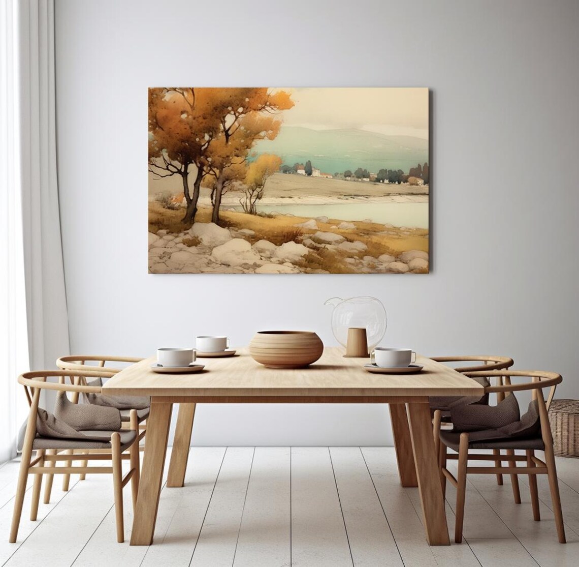 Golden Autumn Trees Lakeshore Village Rocky Shore Landscape Poster - Image 3