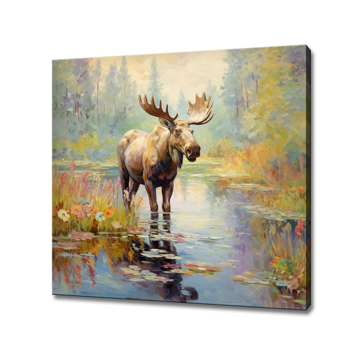 Bull Moose With Big Antlers Standing In Forest River Portrait Poster