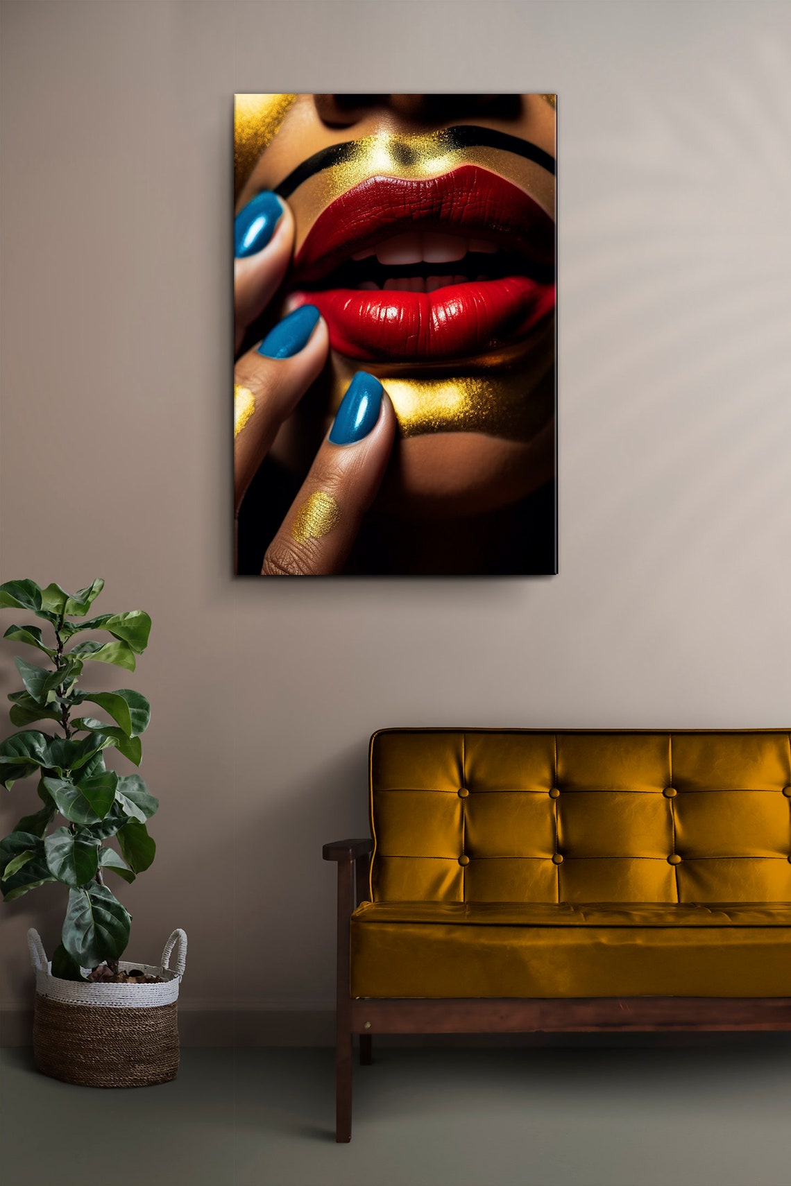 Red Glossy Lips with Gold Glitter Makeup and Blue Nails Beauty Poster - Image 2