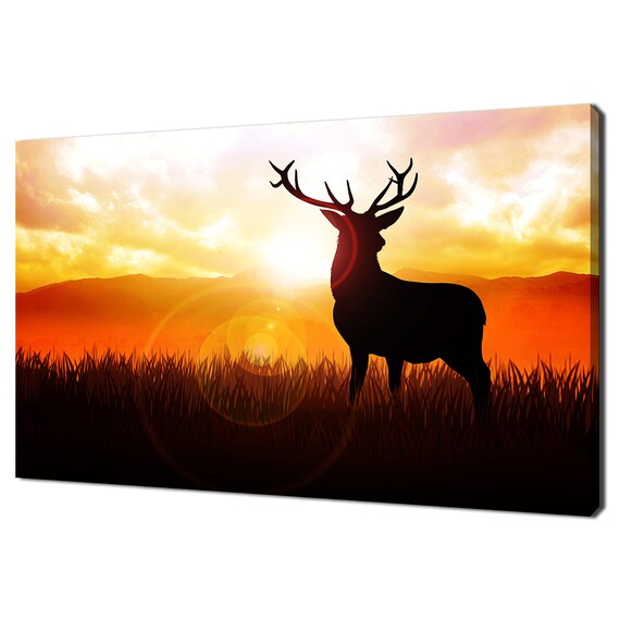 Deer Stag Silhouette In Meadow At Golden Sunset Nature Wall Art Print