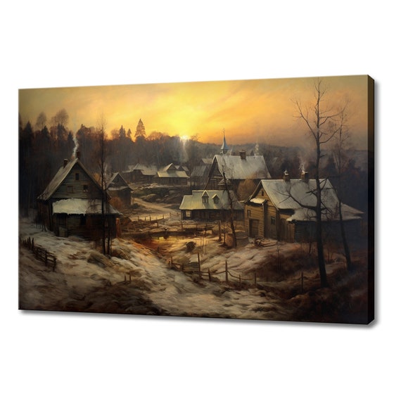 Sunset Over Cottages Countryside Vintage Painting Style Print Farmhouse Decor Art Nature Picture Wall Hanging Fine Art Print