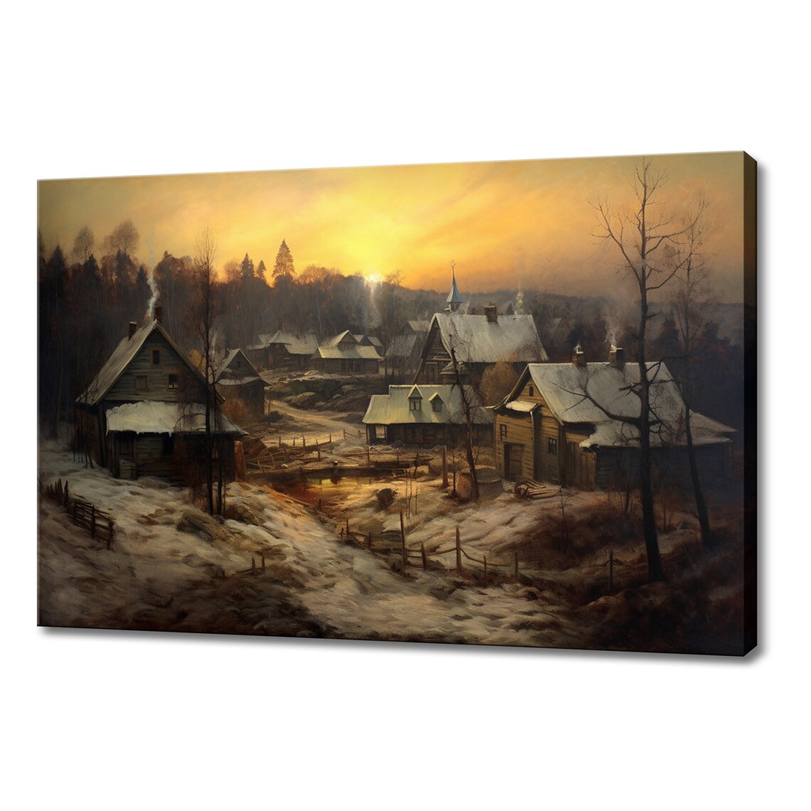 Snowy Village Cottages Golden Sunset Winter Vintage Painting Poster