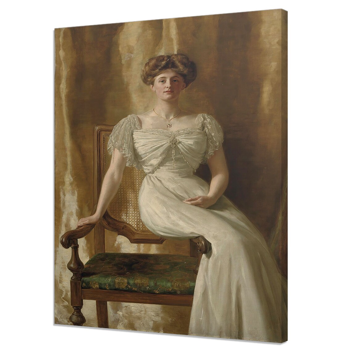 Elegant Lady White Satin Gown Seated Wooden Armchair Portrait Poster