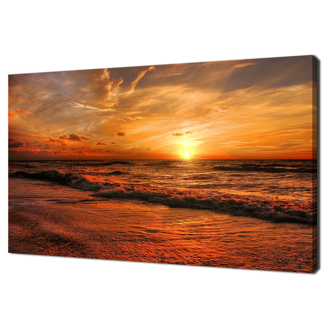Fiery Orange Sunset Over Rolling Ocean Waves Beach Horizon Poster