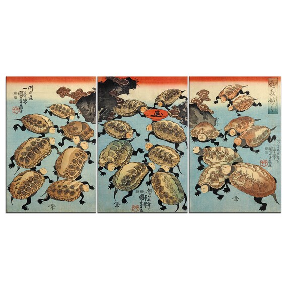 Utagawa Kuniyoshi Turtle Triptych Japanese Ukiyo E Woodblock Happiness Art Print