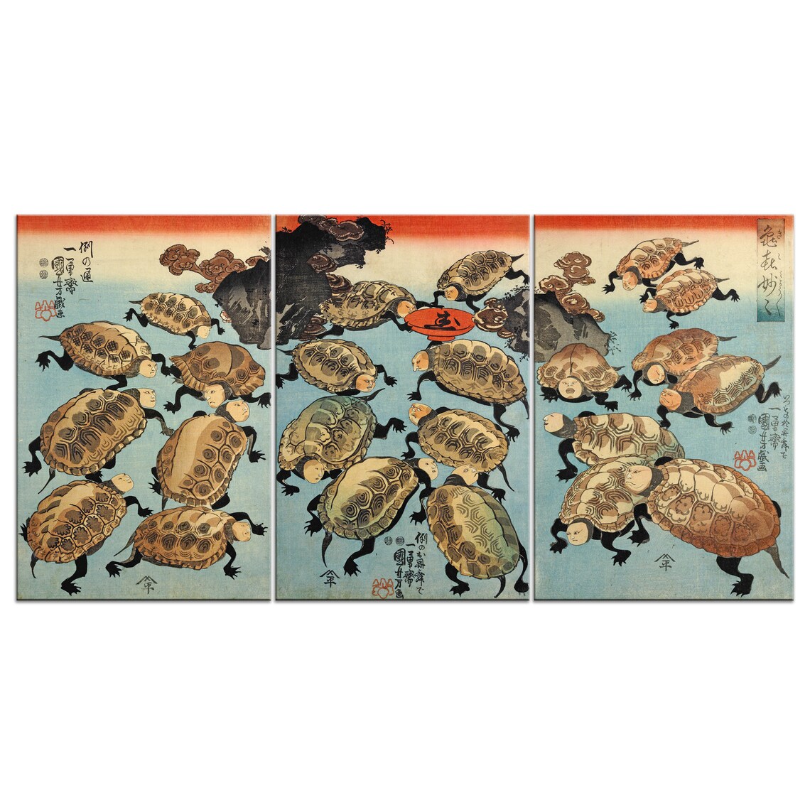 Utagawa Kuniyoshi Turtle Triptych Japanese Ukiyo E Woodblock Happiness Art Print