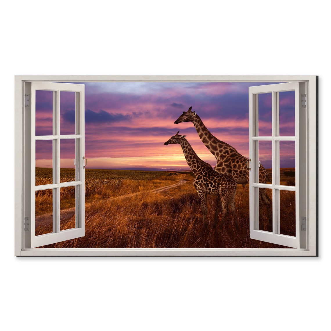 Giraffes At Sunset Savannah Window Frame View 3D Illusion Art Poster