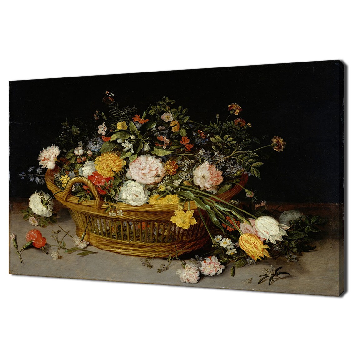 Antique Wicker Basket Of Flowers Still Life Dark Background Poster
