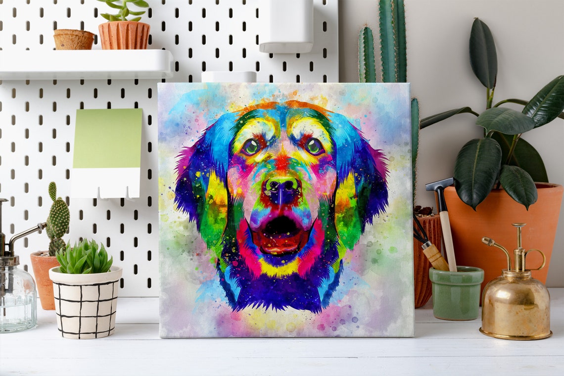 Golden Retriever Face Rainbow Watercolour Dog Portrait Poster - Image 2